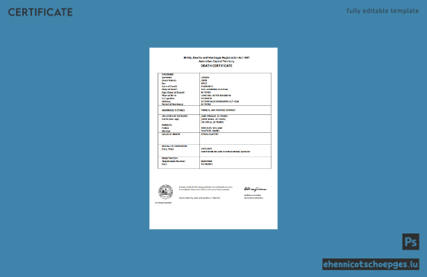 Australien, Australian Capital Territory: Beispiel einer Sterbeurkunde in Word (Vorschau)